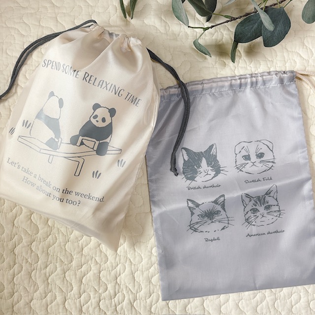 キャンドゥ ポリエステル巾着袋 猫柄 パンダ柄